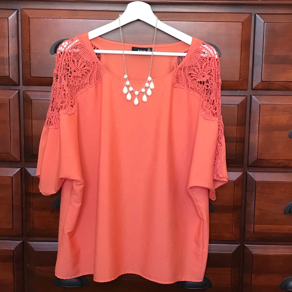Coral crochet lace sleeve blouse